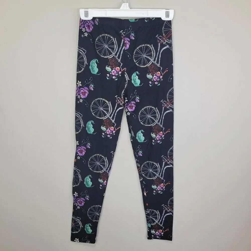 Bicycle And Floral Print Polyester Spandex Ankle Leggings One Size Fits‎ All_4